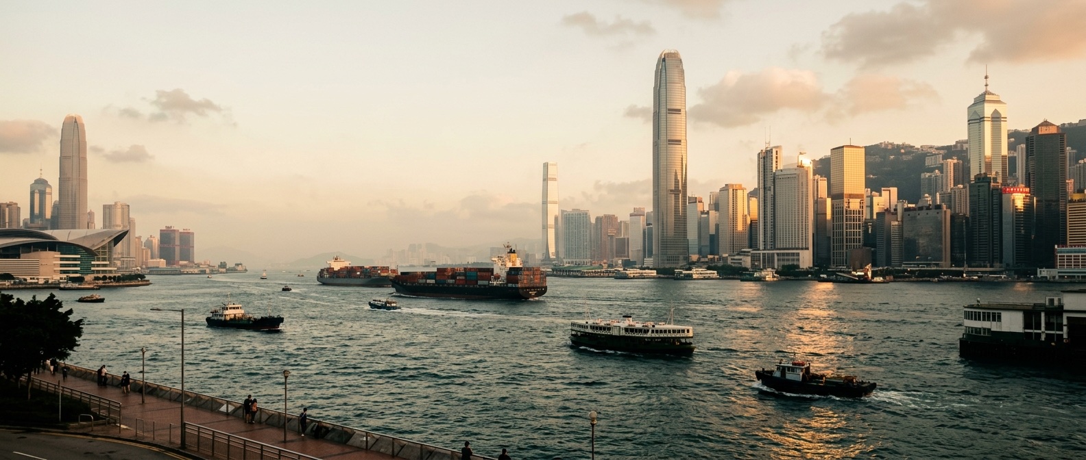 Hong Kong Victoria Harbour and Central skyline at golden hour
