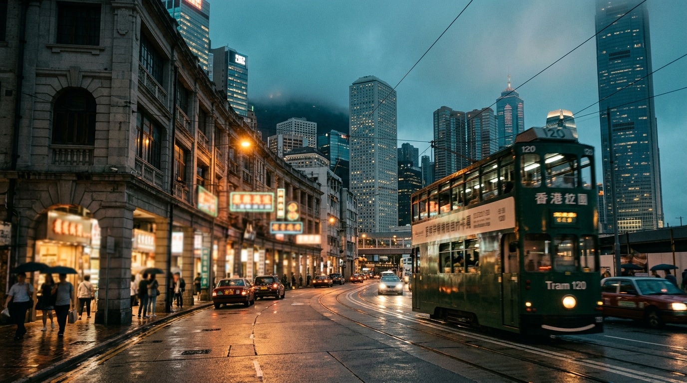 Queen's Road Central in Sheung Wan, Hong Kong, at dusk with a vintage tramway