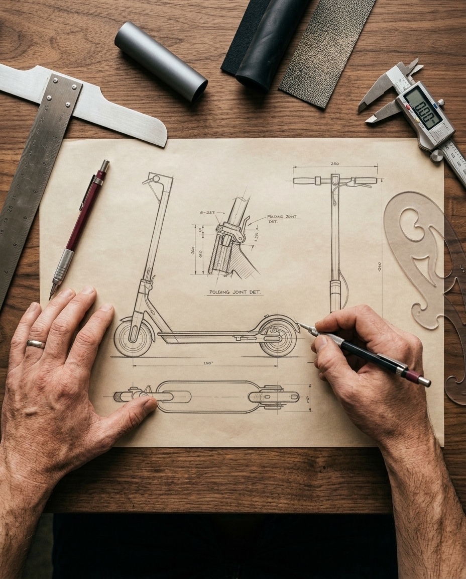 Industrial designer's hand sketching an electric scooter design on tracing paper, with drafting tools and material samples