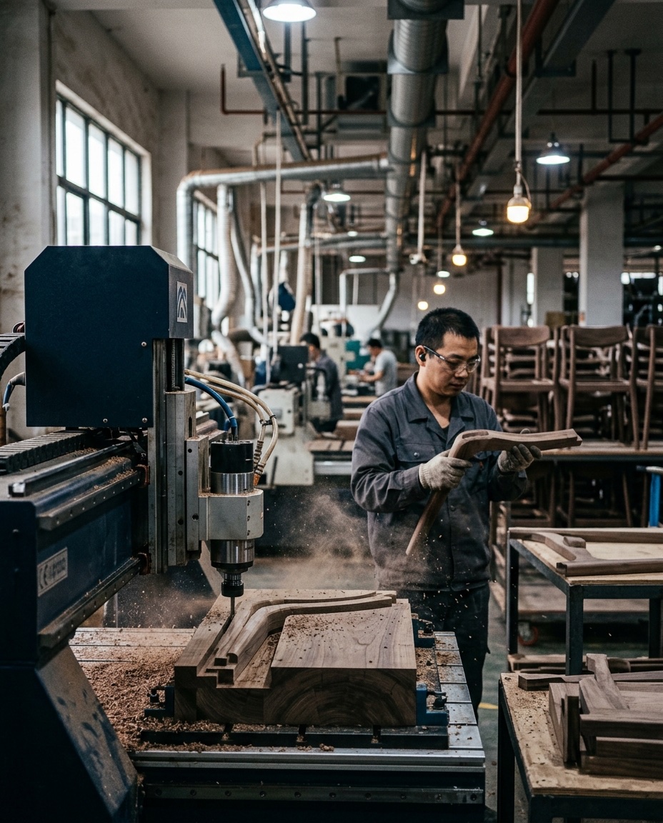 Modern furniture manufacturing factory floor in Southern China with CNC milling machine and worker
