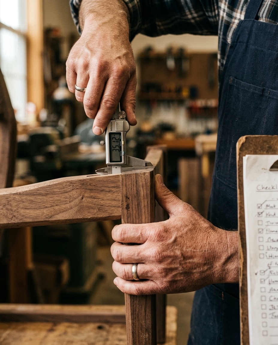 Quality control inspector measuring a wood chair joint with a digital caliper